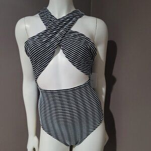 ONIA Striped Cindy Cross-Strap One Piece Cut out Swimsuit